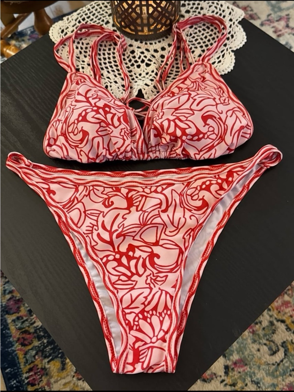 Red Floral Print Women's Bikini Set - Packaged Swim Top & Bottom